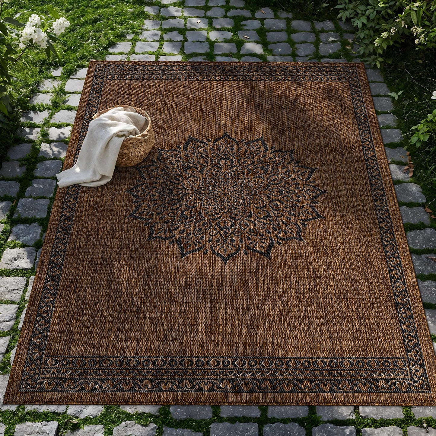 CAMILSON Outdoor Rug 9x12 Medallion Gold Modern Large Area Rugs for Indoor and Outdoor Patios Kitchen and Hallway Mats Washable Porch Deck Outside Carpet (Medallion Gold 9 x 12)