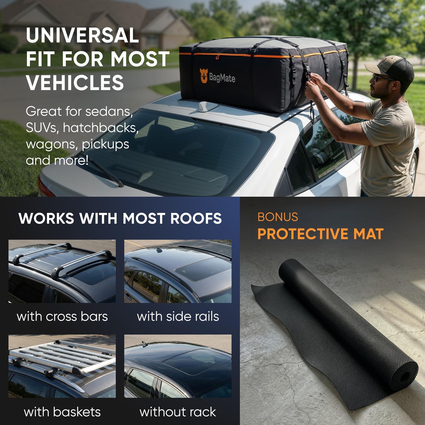 BagMate 19 Cubic Feet Roof Bag – Safety Tested Heavy-Duty Waterproof Rooftop Cargo Carrier for All Cars & SUVs (with or Without Rack) – Includes Protective Mat & Storage Bag – Military-Grade 840D PVC
