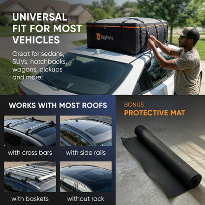 BagMate 19 Cubic Feet Roof Bag – Safety Tested Heavy-Duty Waterproof Rooftop Cargo Carrier for All Cars & SUVs (with or Without Rack) – Includes Protective Mat & Storage Bag – Military-Grade 840D PVC