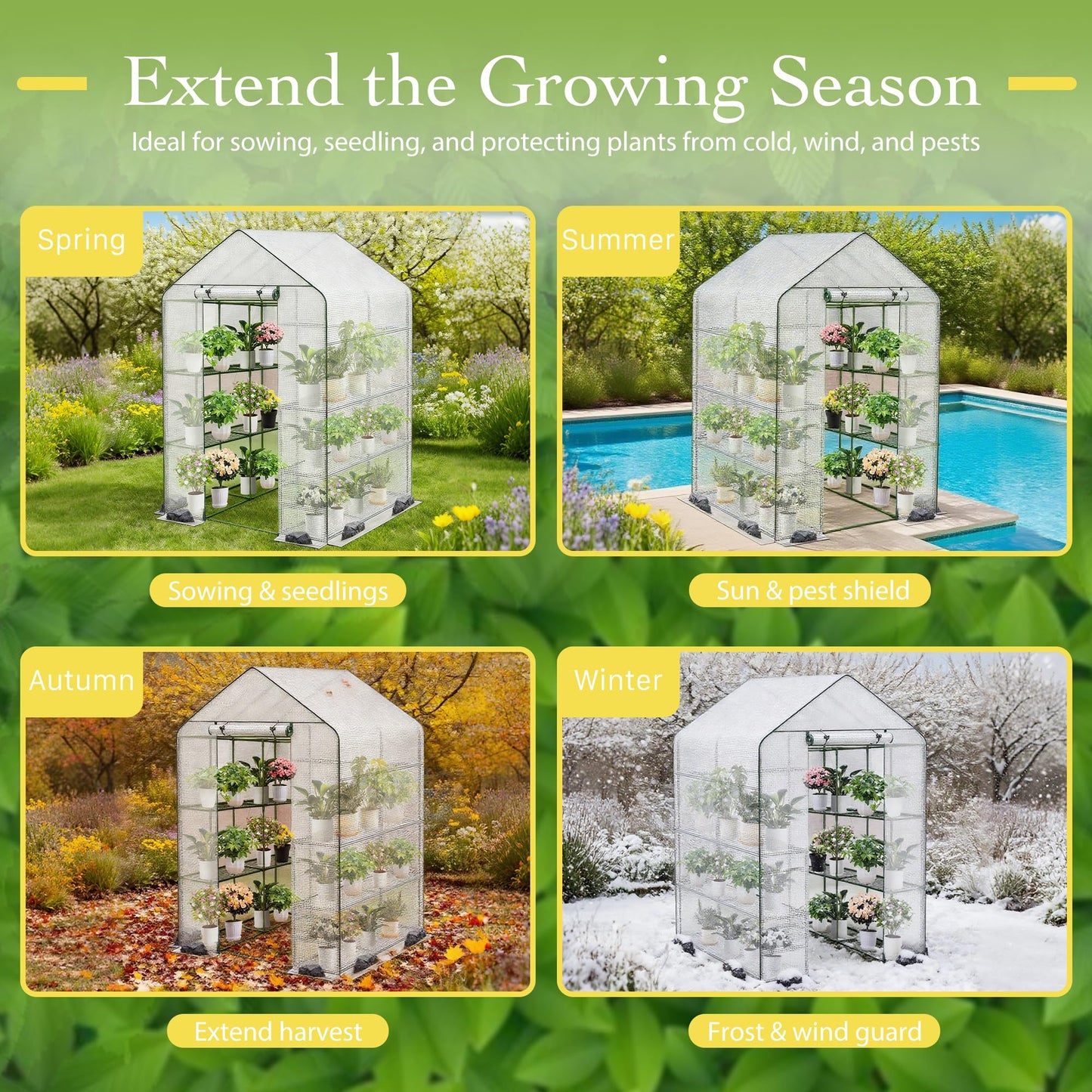 OnlyGarden Greenhouse for Outdoors, Walk in Greenhouse with PE Cover PE-Coated Steel Frame, Large Plant Hot House for Outside, 3 Tier 8 Shelves Portable Green House Winter 48" x 73.2" x 74.8"