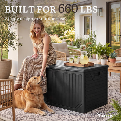 YITAHOME XXL 300 Gallon Extra Large Outdoor Deck Box, Lockable Resin Double-Wall Storage Box and Waterproof Patio Furniture Bin for Garden Tools & Pool Accessories, Black