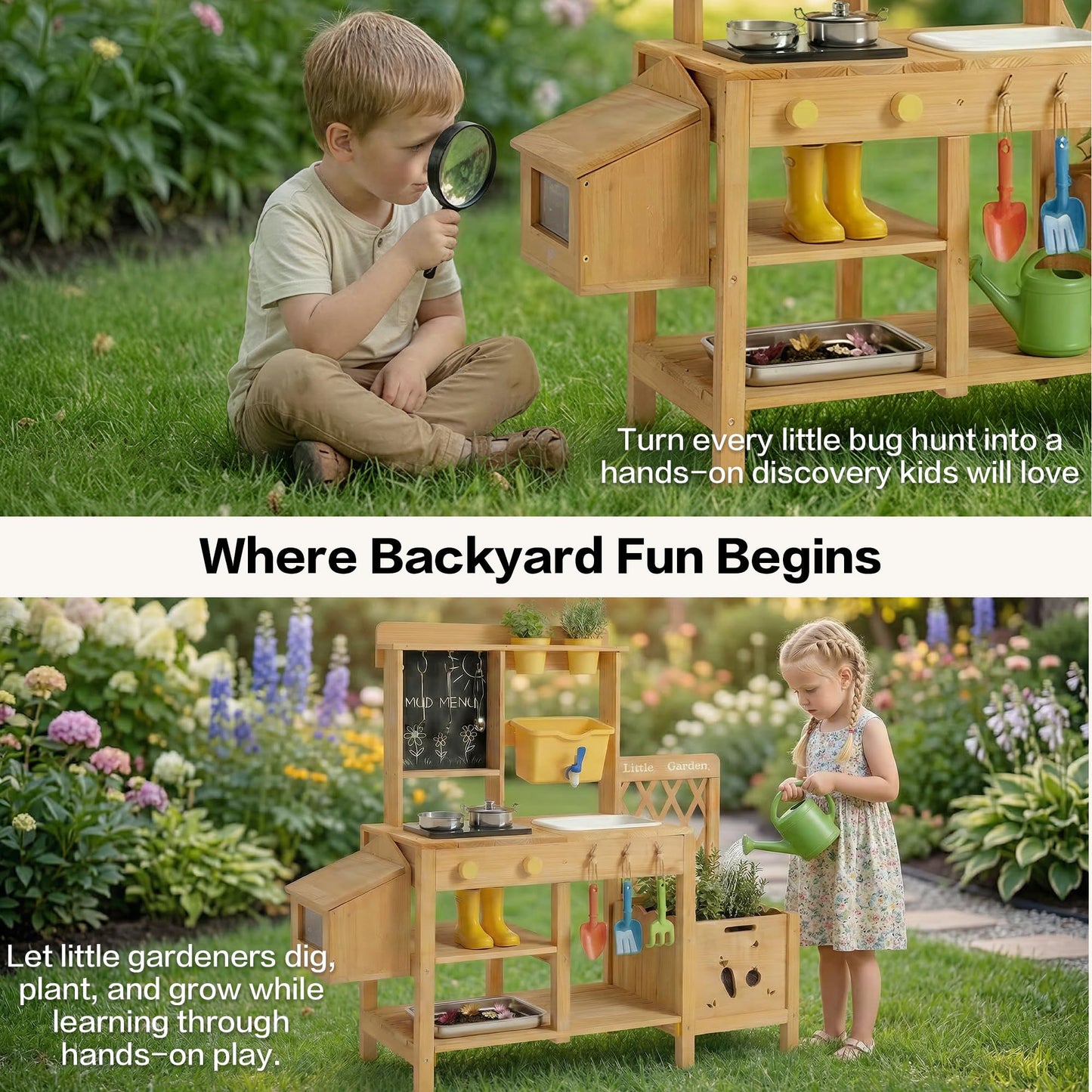 Wooden Mud Kitchen for Kids, Outdoor Play Kitchen with Real Running Water Sink, Mud Table, Gravity Water Tank, Planting Box, Critter Observation Box, 12-Pc Accessory Kit, Toddler Gift, Age 3+