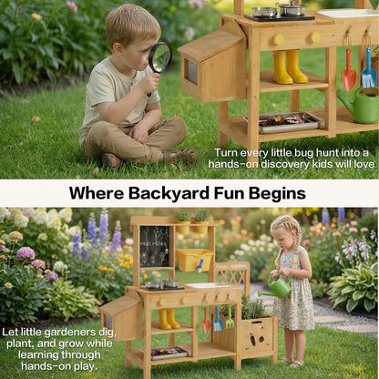 Wooden Mud Kitchen for Kids, Outdoor Play Kitchen with Real Running Water Sink, Mud Table, Gravity Water Tank, Planting Box, Critter Observation Box, 12-Pc Accessory Kit, Toddler Gift, Age 3+