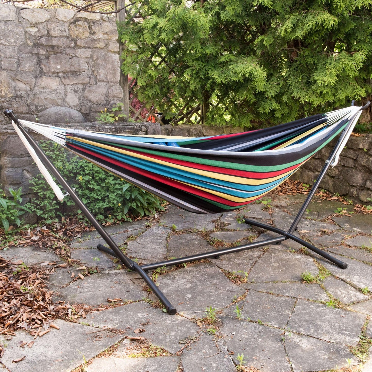 Vivere Double Cotton Hammock with Space Saving Steel Stand, Upgraded Polyester End Strings 450 lb Capacity - Premium Carry Bag Included - USA Grown Cotton (Rio Night)