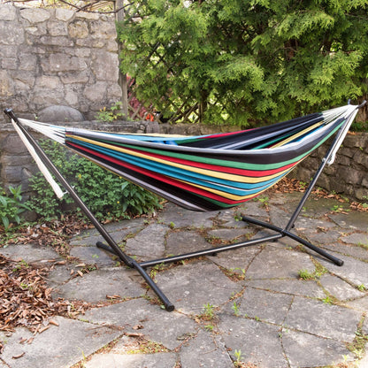 Vivere Double Cotton Hammock with Space Saving Steel Stand, Upgraded Polyester End Strings 450 lb Capacity - Premium Carry Bag Included - USA Grown Cotton (Rio Night)