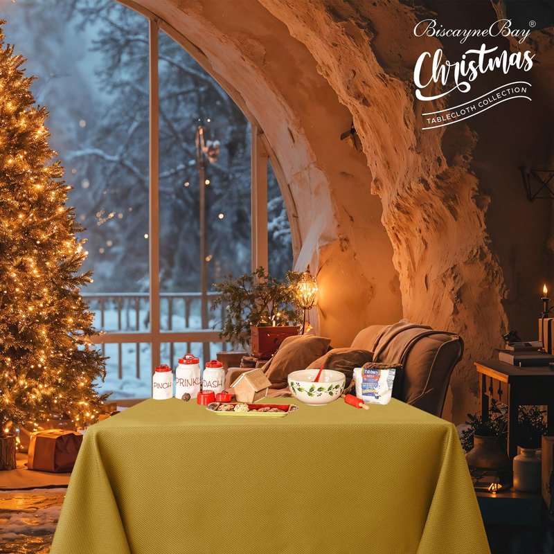 Biscaynebay Textured Fabric Christmas Square Table Cloth 60x60 Inches, Gold Water Resistant Tablecloths for Dining, Kitchen, Wedding and Parties etc. Machine Washable