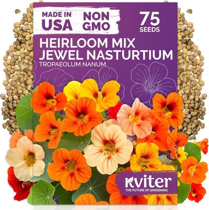 KVITER 75 Mix Jewel Nasturtium Seeds - Heirloom Organic Edible Flower Seeds for Garden & Containers