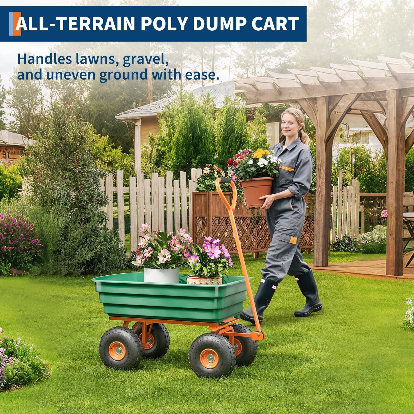 Garden Cart with 13" No-Flat Tires, 1200 lbs Capacity, 7 Cubic Feet Polyethylene Yard Dump Wagon w/ 180° Swivel Handle Towable, Utility Wagon for Yard, Garden, Landscaping, Heavy Duty & Rust-Proof