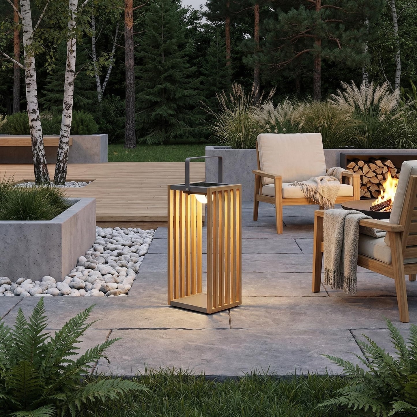 Teak Solar Lantern Outdoor, Solar & USB Rechargeable Floor Lamp, Woven Rope Modern Table Light, 3-Level Dimmable Waterproof Decor for Patio, Garden & Yard (THE GATE Large)