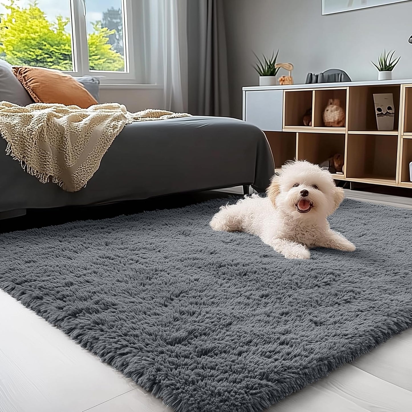 OLANLY Area Rugs - Soft Fluffy Shaggy Indoor Carpet for Living Room & Bedroom | 4x5.9 ft Grey