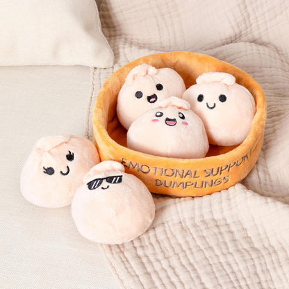Relatable Emotional Support Dumplings | Cuddly Plush Stuffed Animals Set - 5 Toy Collection with Basket
