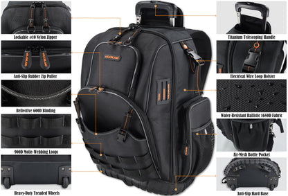 WELKINLAND 72Pockets Rolling Tool backpack, Large tool bag with wheels, Rolling Electrician bag with wheels for men
