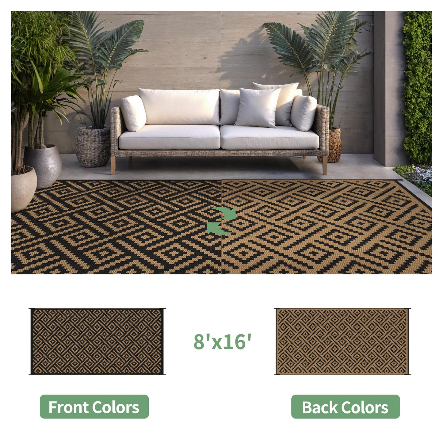 sarben Outdoor Rug for Patio - Waterproof Plastic Straw Camping Rugs 8x16 ft, Reversible Outdoor Indoor RV Mat Carpet for Patio, Porch, Deck, Balcony, Picnic, Beach, Black Brown
