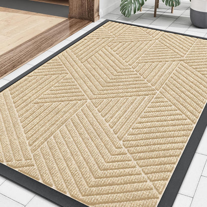 Smiry Heavy-Duty Natural Rubber Front Door Mat - Irregular Triangle Design | Easy Clean, 29.5x17 Inches, Beige