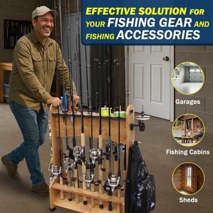 Rush Creek Creations 16-Rod Rolling Fishing Rod Rack with Line Spooler – Tackle Storage, Tool Holder, Lure & Line Organizer, Accessory Pegs – Portable Gear Station for Anglers
