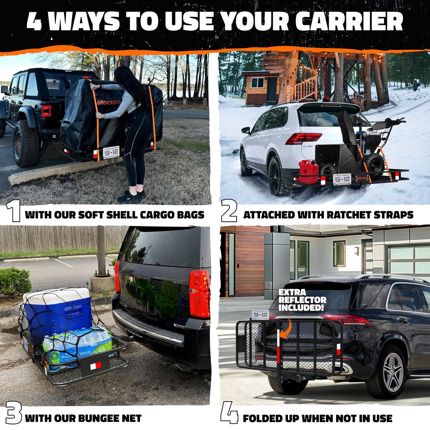 Mockins 60"x24"x6" XL Heavy Duty Trailer Hitch Cargo Carrier | 500 Lbs Cap Folding Luggage Rack for SUV Car & Truck | All-Weather Steel Hitch Rack Cargo Carrier w/License Plate Bracket & Accessories