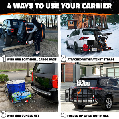 Mockins 60"x24"x6" XL Heavy Duty Trailer Hitch Cargo Carrier | 500 Lbs Cap Folding Luggage Rack for SUV Car & Truck | All-Weather Steel Hitch Rack Cargo Carrier w/License Plate Bracket & Accessories