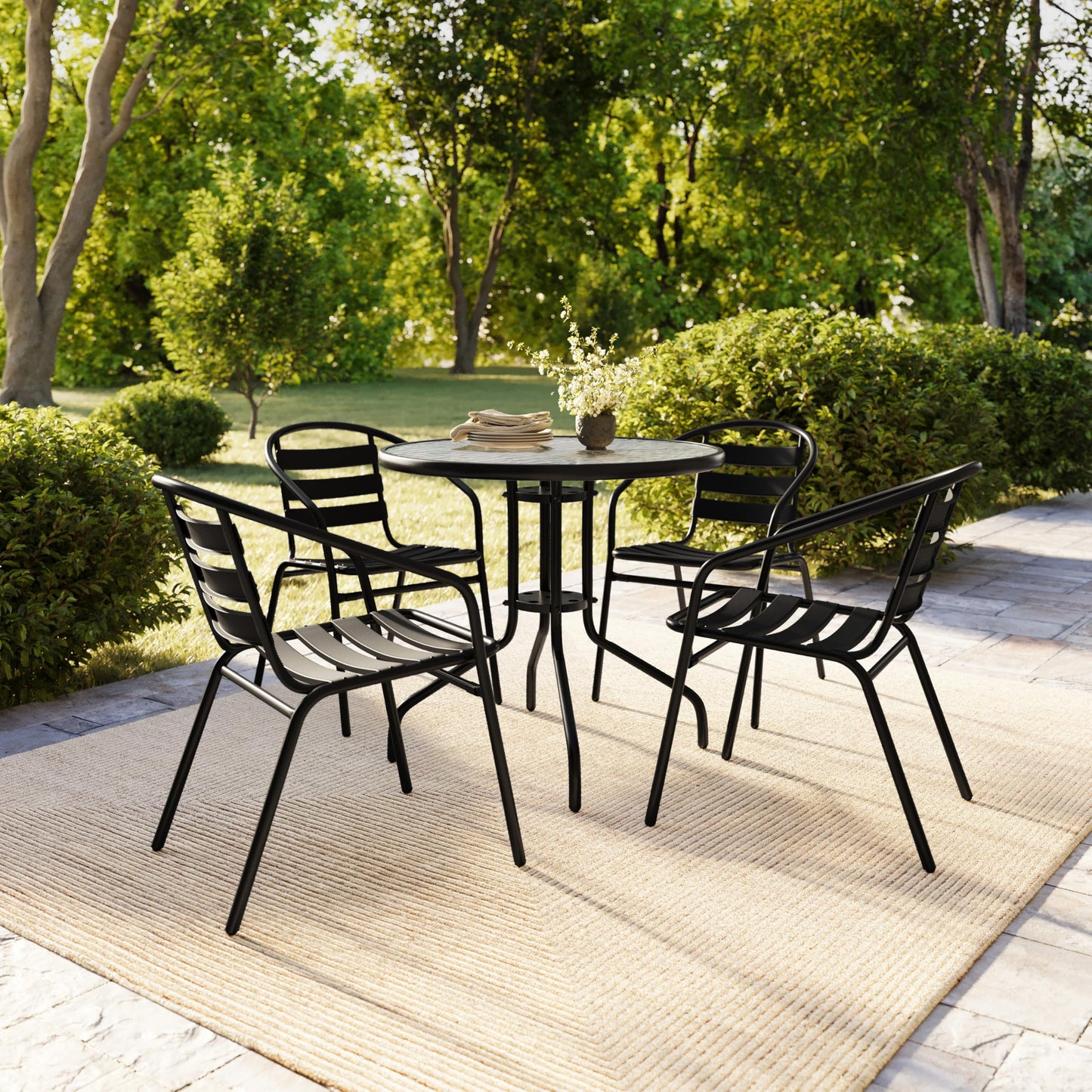 Flash Furniture Aluminum Slat Back Stacking Outdoor Restaurant Chairs, Modern Stackable Patio Chairs for Restaurants, Set of 4, Black
