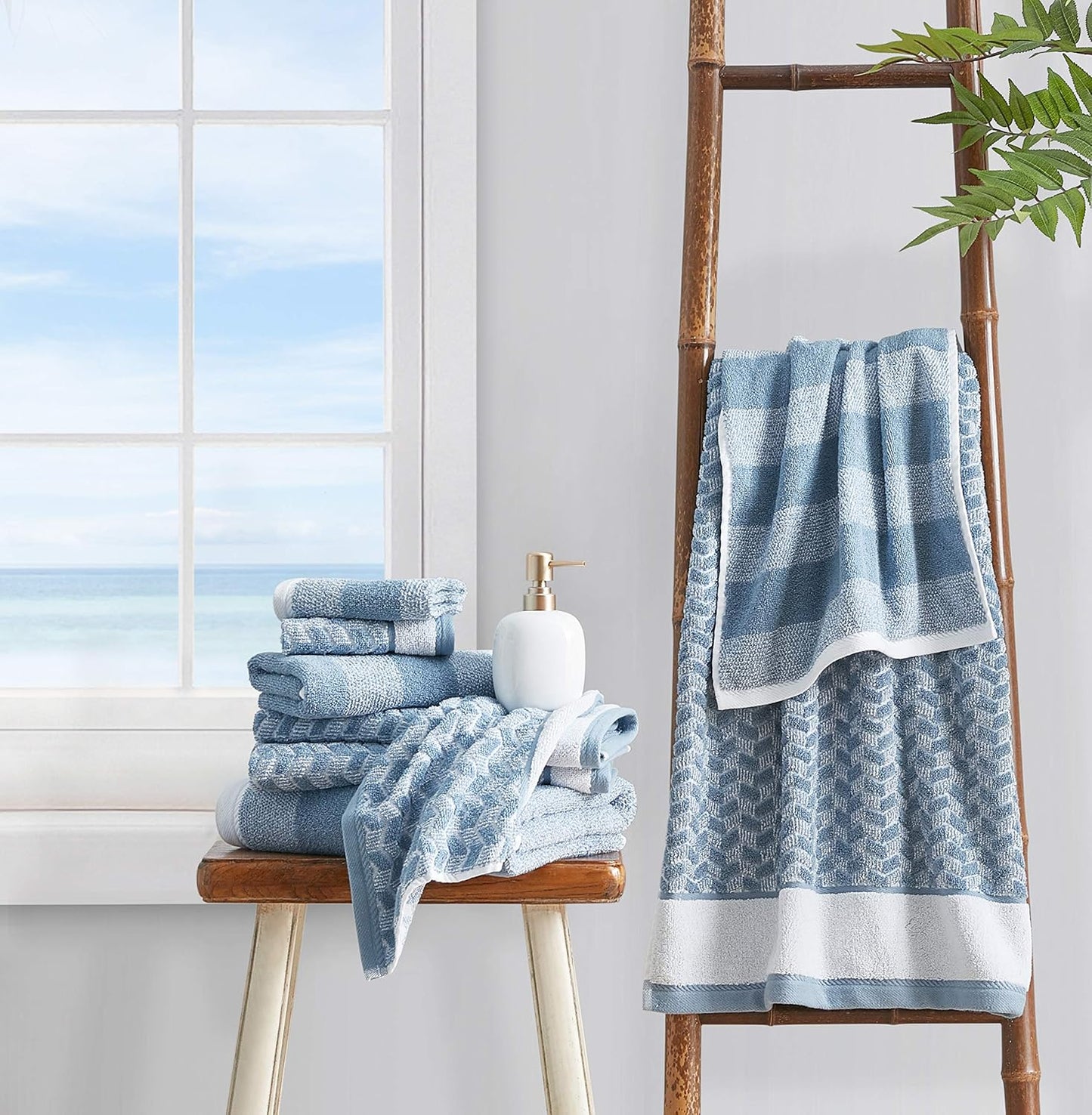 Nautica Bath Towel Set - Plush Cotton, Quick-Dry & Absorbent | Striped Americana Decor, Set of 6 in Oak Lake Blue