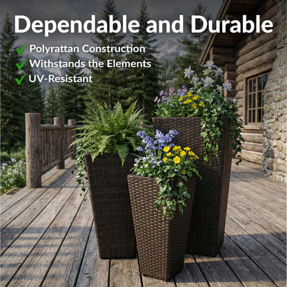Sunnydaze Square Tall Wicker Outdoor Planter Set of 3 - Polyrattan Large Outdoor Planters for Porch, Patio or Garden - 9", 11.5", 14.75" Tall Plant Pots - Brown