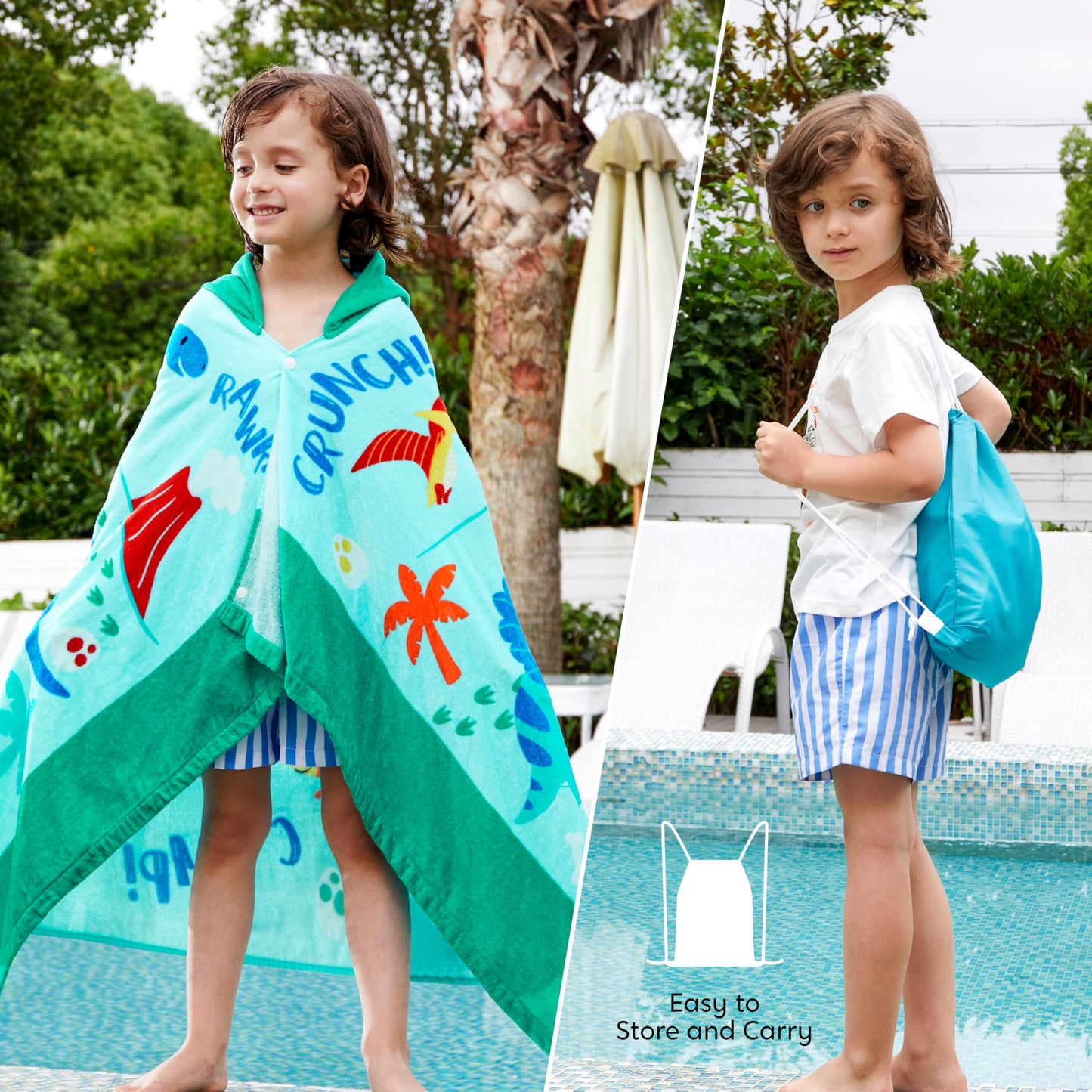 Joiedomi Dinosaur Hooded Towels for Kids Soft 100% Cotton Kids Beach Towel 30" x 50" for 3-8 Years Boy Girl Beach Hooded Poncho Absorbent Pool Toddler Swim Bath Wrap