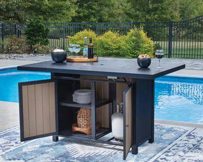Signature Design by Ashley Mabry Shores Contemporary MEGA-TUFF™ HDPE Weather Resistant Outdoor Bar Table with Fire Pit and Adjustable Flame Control, Blue & Beige