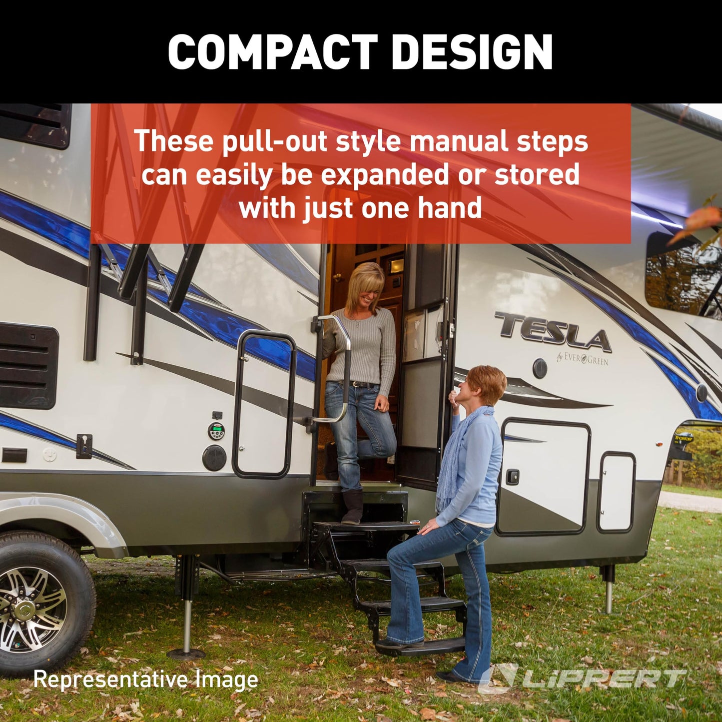 Lippert Radius 24" Double Manual RV Step Assembly, 8" Rise, 300 lbs. Anti-Slip Steps, Compact One-Hand Expand or Collapse, Black Powder Coat, Travel Trailers, 5th Wheels, Campers - 432682