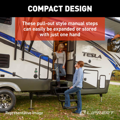 Lippert Radius 24" Double Manual RV Step Assembly, 8" Rise, 300 lbs. Anti-Slip Steps, Compact One-Hand Expand or Collapse, Black Powder Coat, Travel Trailers, 5th Wheels, Campers - 432682