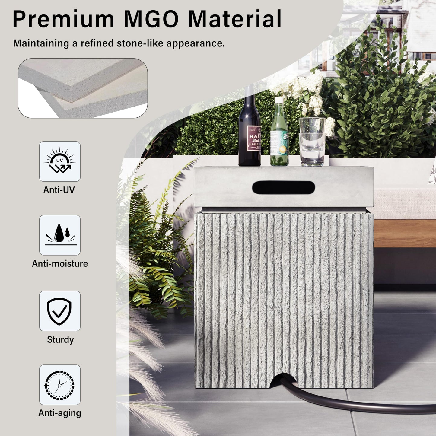 Merax Outdoor 15.7" Propane Tank Cover Table, MGO Square Gas Tank for Fire Pit Table & Gas Grill Patio Furniture, Fluted Tank Container Fits 20 lbs Propane Tank, Patio Side Table w/Handle Slots, Gray