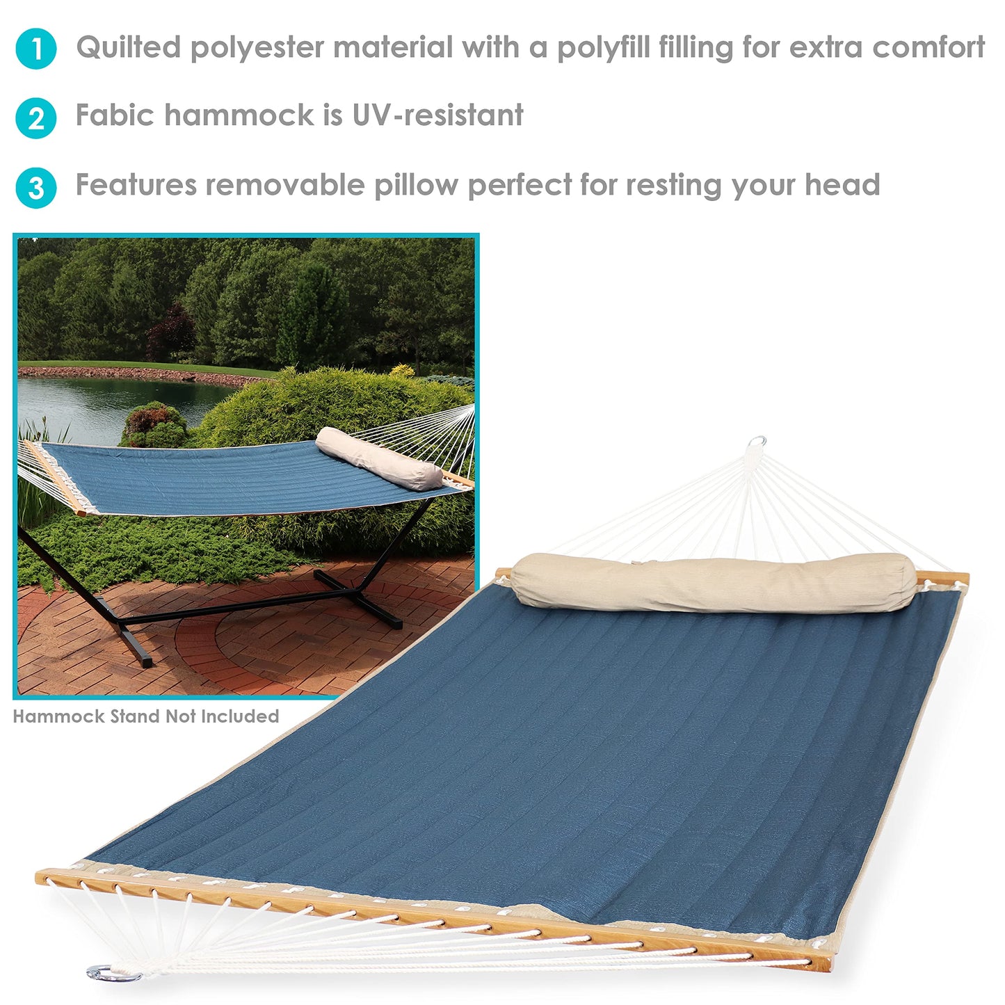 Sunnydaze Double Quilted Polyester Hammock with Detachable Pillow - 440-Pound Capacity - Tidal Wave