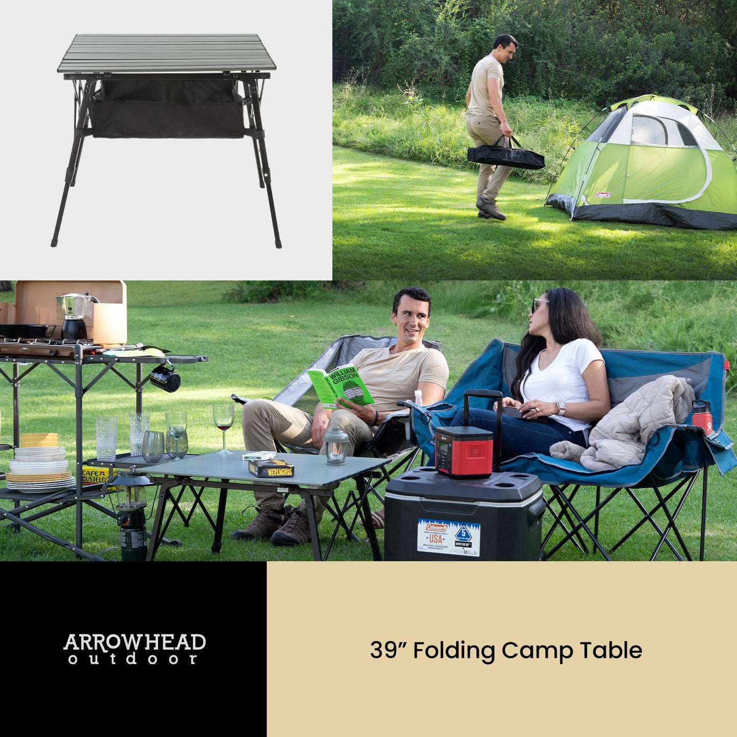 ARROWHEAD OUTDOOR 39" Aluminum Folding Camp Roll Up Table w/Adjustable Height, Undertable Mesh Storage, Carry Bag