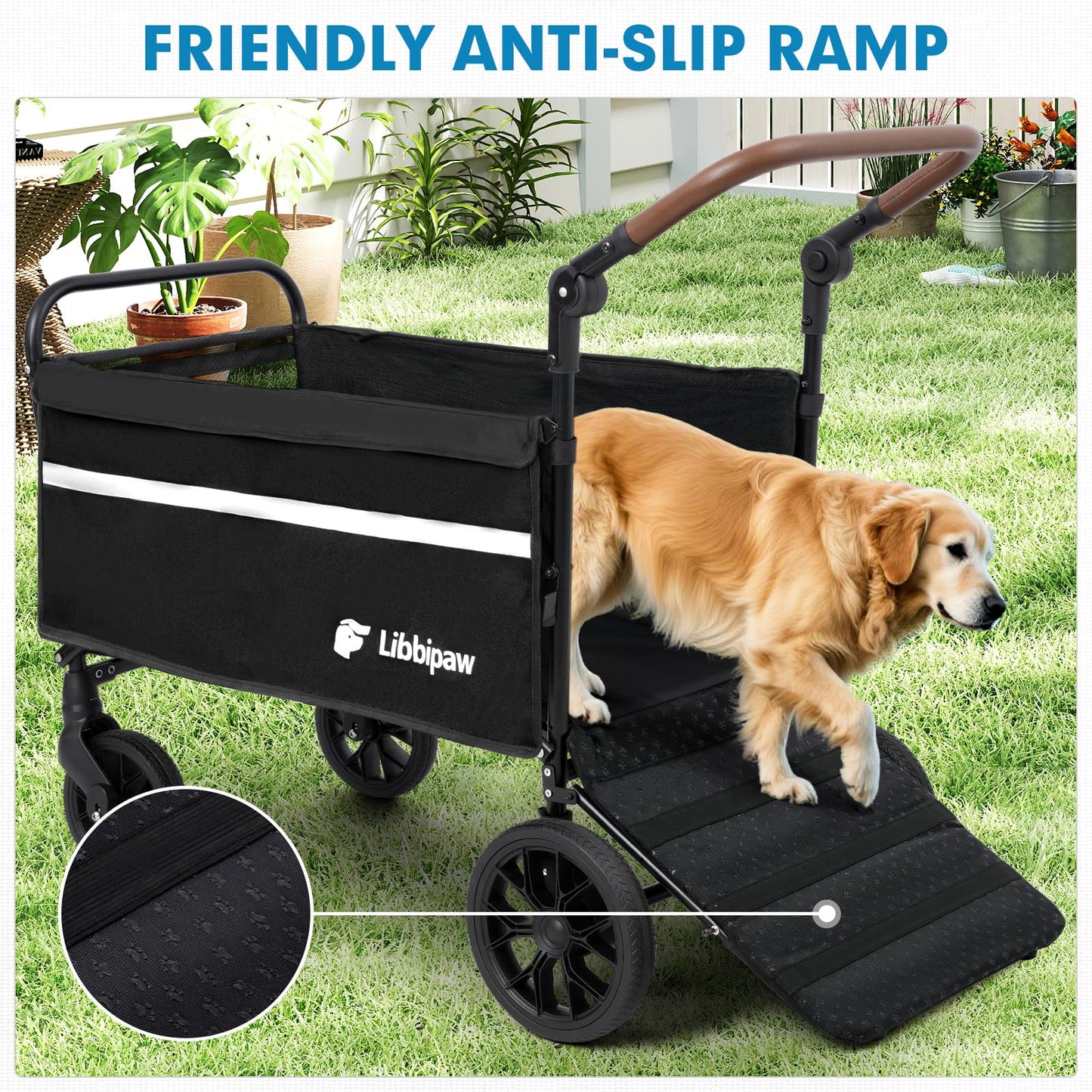Libbipaw Dog Wagon for Medium & Large Dogs, Foldable All-Terrain Dog Stroller Wagon with Ramp, Adjustable Handle, One-Step Brake, Heavy Duty Pet Wagon (Black)