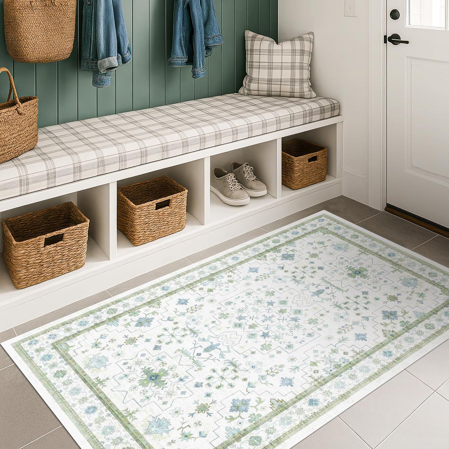 Oushak Boho Bathroom Rug - Cream Green & Blue Floral Design, Washable Non-Slip, 2x4 ft