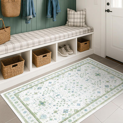 Oushak Boho Bathroom Rug - Cream Green & Blue Floral Design, Washable Non-Slip, 2x4 ft