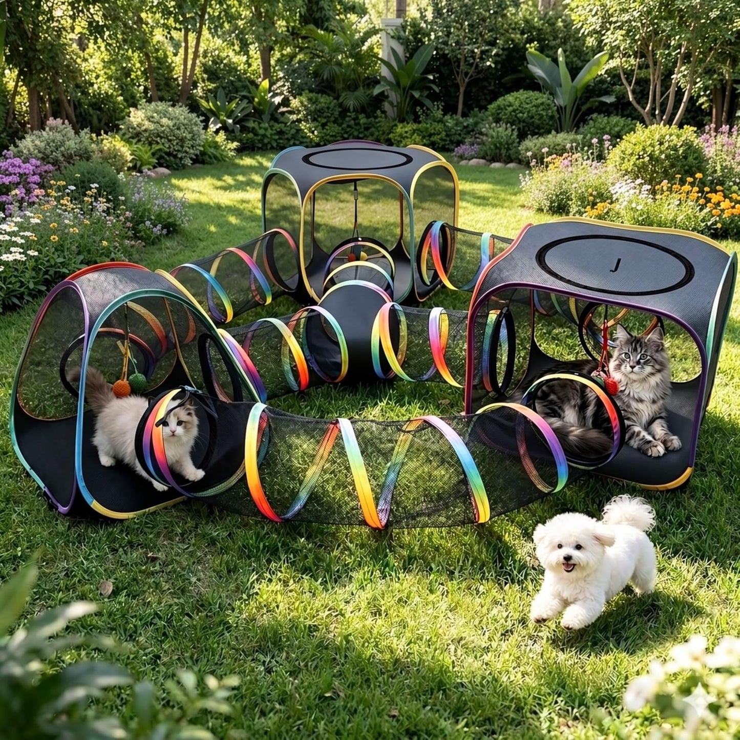 CypherX Outdoor Rainbow Cat Enclosure, 7-in-1 Portable Pop Up Cat Tents and Tunnels for Outside, Outdoor Catio Mesh Pet Playpen House, Large Playground for Large Cats and Other Animals