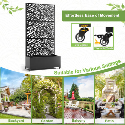 FENCY Metal Raised Garden Bed with Wheels and Trellis,73"x35"x16" Planter Box for Climbing Plants, Vegetables & Vines, Features Privacy Screen and Drainage Holes (Black-Leaf)