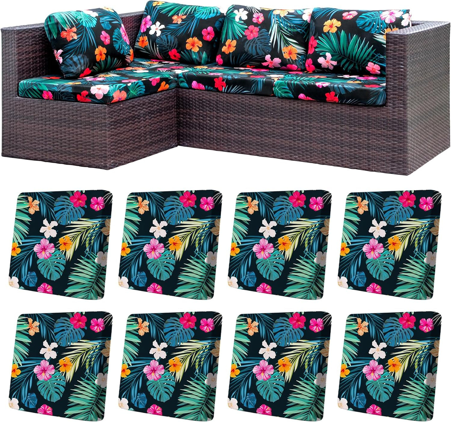 Skiennix 8Pcs Stretch Patio Cushion Covers - Washable & Reusable Outdoor Sofa Slipcovers | Flowered Leaves Design