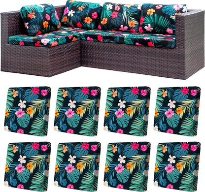 Skiennix 8Pcs Stretch Patio Cushion Covers - Washable & Reusable Outdoor Sofa Slipcovers | Flowered Leaves Design