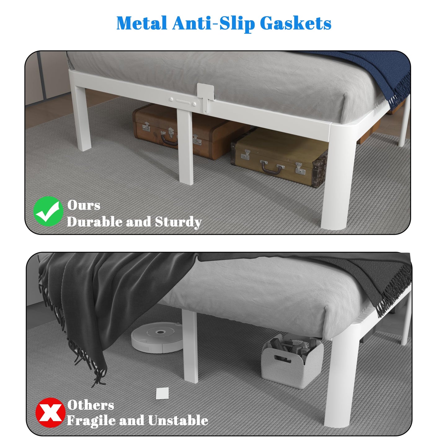 KOSOSO 12 Inch White Full Size Bed Frame with Baffles, Metal Full Bed Frame No Box Spring Need, Heavy Duty Steel Platform Support, Reserved Holes, Round Corner Legs, Storage Space, Noiseless