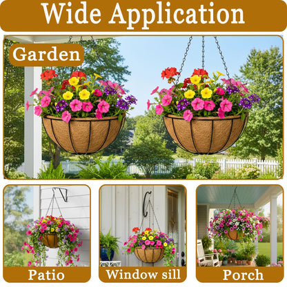 SMYAXUNW 4 Pack Hanging Planters 14 Inch Metal Hanging Planter Basket Flower Pots with Coco Coir Liners Round Wire Plant Holder with Chain for Indoor Outdoor Patio Porch Garden Decoration（XG）