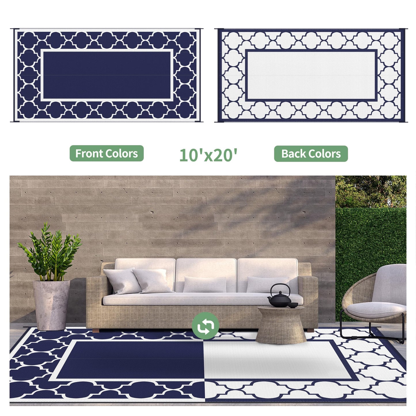 GENIMO 10 ' x 20 ' Outdoor Rug Waterproof for Patio Decor, Foldable Reversible Plastic Straw Area Rugs Mat for Camper, Outside Carpet for Rv, Deck, Porch, Picnic, Beach, Balcony, Blue & White