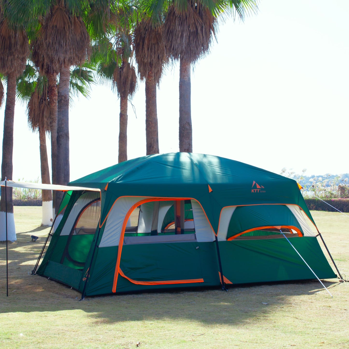 KTT Extra Large Tent 12 Person,Family Cabin Tents,2 Bay-Windows,2 Rooms and 3 Doors 3 Windows with Mesh,Waterproof,Straight Wall,Double Layer,Big Tent for Outdoor,Picnic,Camping,Gathering(Green)