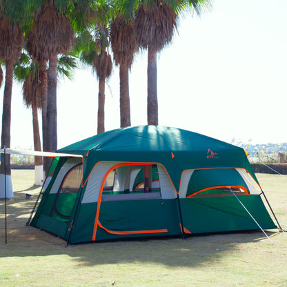 KTT Extra Large Tent 12 Person,Family Cabin Tents,2 Bay-Windows,2 Rooms and 3 Doors 3 Windows with Mesh,Waterproof,Straight Wall,Double Layer,Big Tent for Outdoor,Picnic,Camping,Gathering(Green)