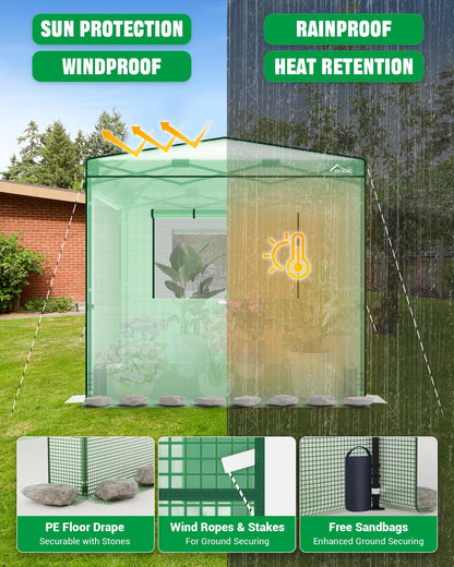 Acepic 8x8 Instant Pop up Greenhouses, Indoor Outdoor Portable Greenhouse Walk-in for All Season, Small Green House with Roll-Up Zipper Doors and Side Windows, 4 Sandbags, Pe Cover, Green/Clear