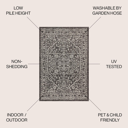 JONATHAN Y Boho Medallion Indoor Outdoor Area Rug 8X10 Black/Gray, Malta Textured Weave for Backyard, Patio, Porch, Easy-Cleaning, High Traffic, Pet-Friendly, Non-Shedding (SMB104C-8)