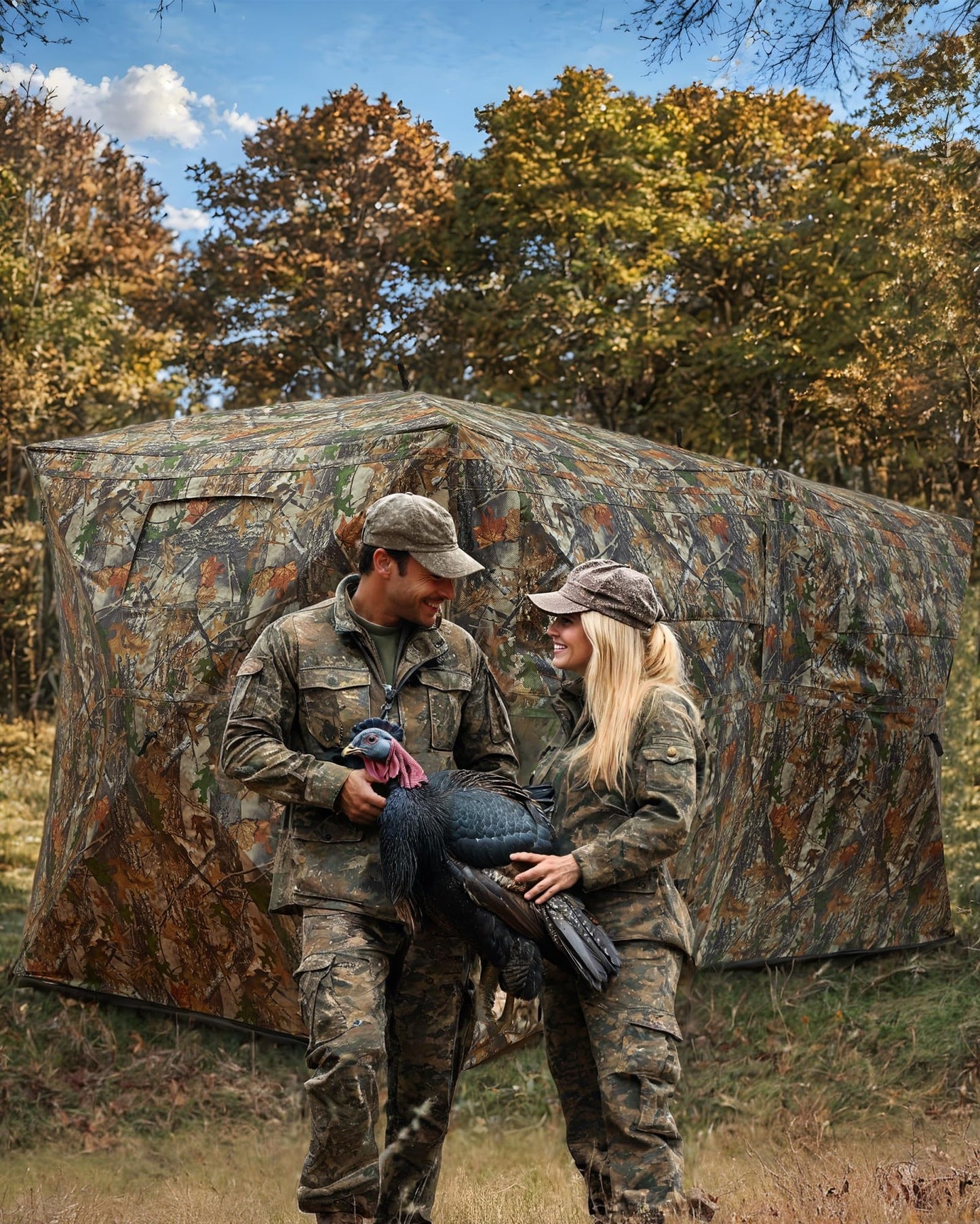 Hunting Blind 270 Degree See Through Ground Blind for Turkey Deer Hunting, 4-6 Person Camouflage Pop Up Hunting Blinds Ground Waterproof Portable Concealed Shelter with Silent Door and Carrying Bag