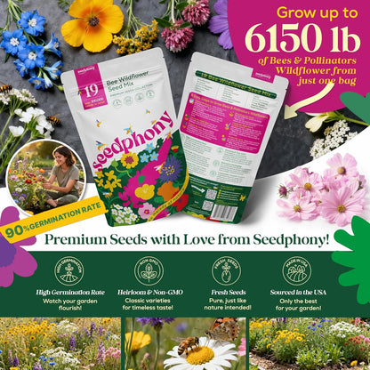 Seedphony 19 Bee Wildflower Seeds Mix - 100,000 Non-GMO Heirloom Seeds for Pollinators | 4oz Waterproof Packet