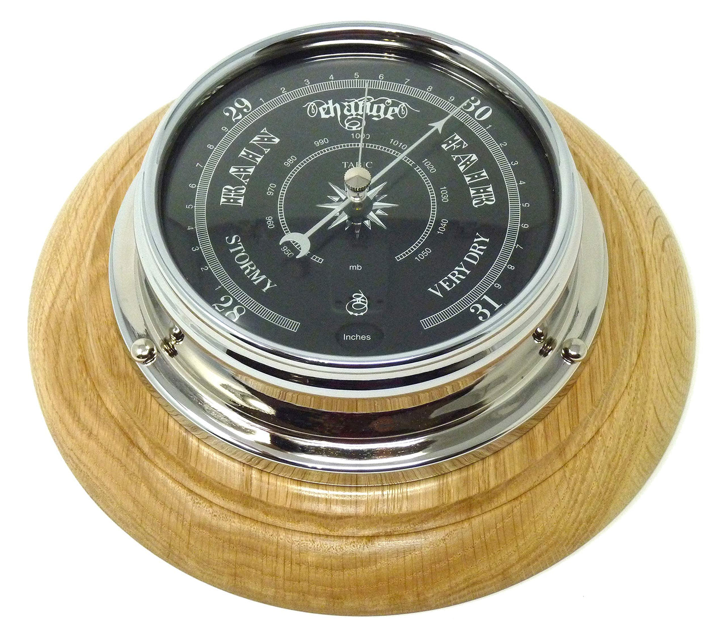 Tabic Prestige Traditional Chrome Barometer Handmade in England with Heavy Brass Case (1/2kg) - Electroplated Chromium Finish - Jet Black Dial - Solid English Oak Mount - Accurate Weather Forecasting