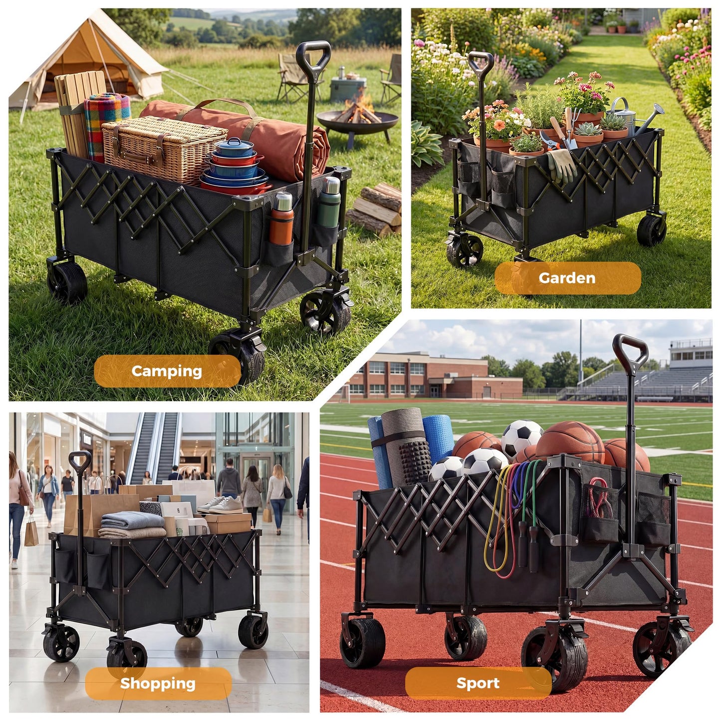 NEWBULIG Foldable Wagon Cart, 440LB Heavy Duty Collapsible Wagon with Extra-Long Storage, All-Terrain Wheels, Portable Utility Wagon for Groceries, Camping, Sports, Beach, Garden, Black