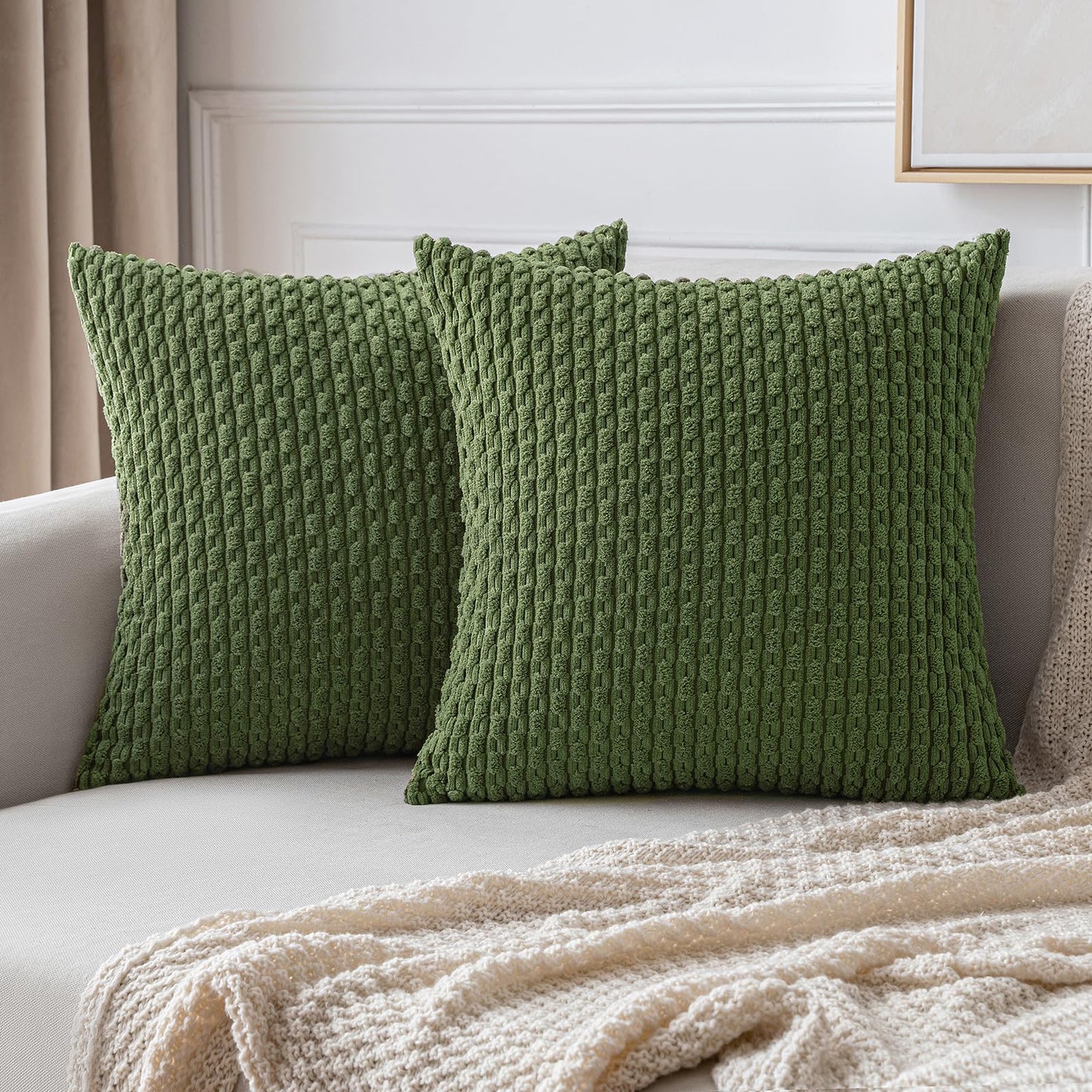 MIULEE Pack of 2 Decorative Throw Pillow Covers 18x18 Inch Soft Boho Striped Textured Corduroy Pillow Covers Modern Farmhouse Home Decor for Couch Bed Sofa Living Room Cream White